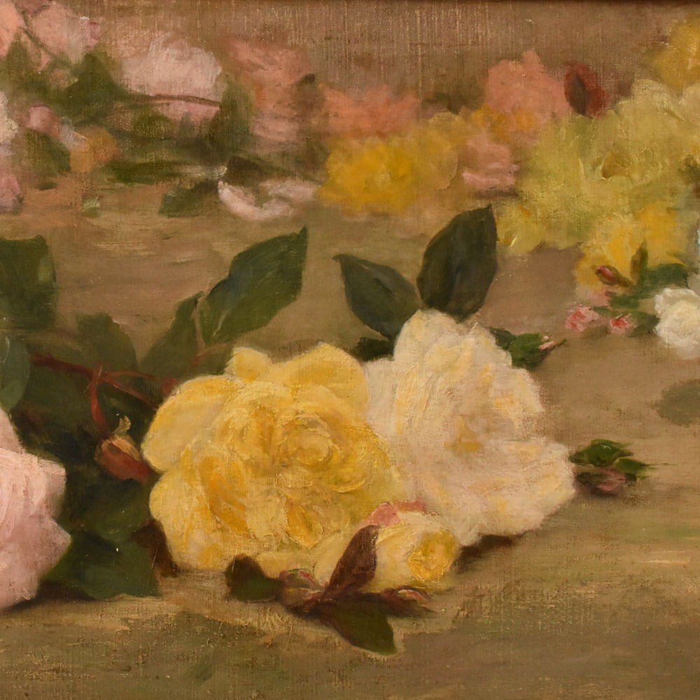 QF782 3a antique floral roses painting flower oil still life XIX